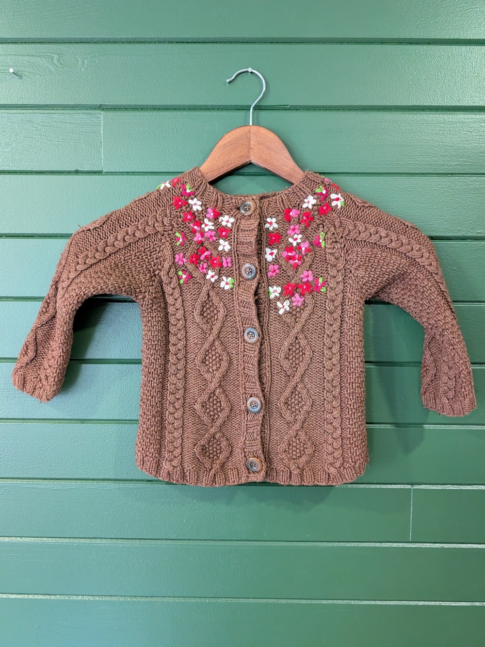GAP Brown Cable-Knit Cardigan with Pink & White Floral Embroidery